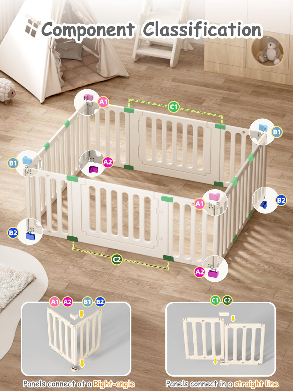 VBABY playpen 66x51 layout delivers roomy play space in living rooms.