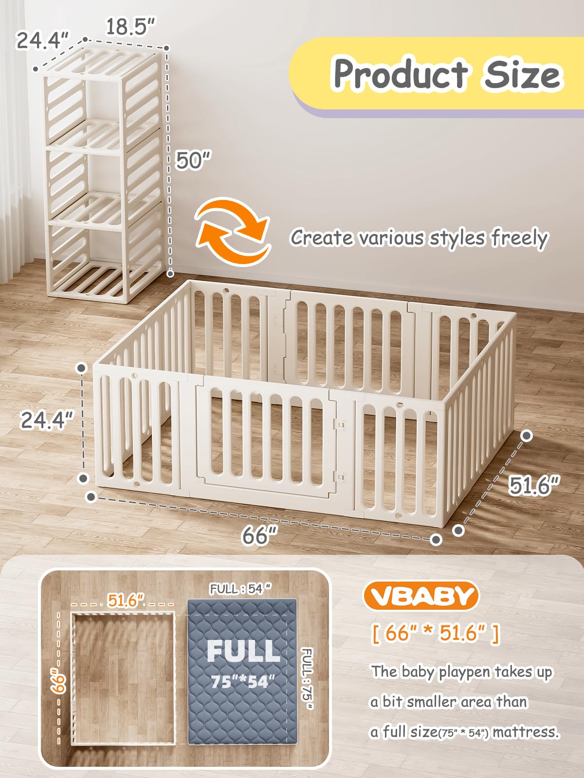 VBABY playpen sofa guardrail provides soft boundary for nearby play.