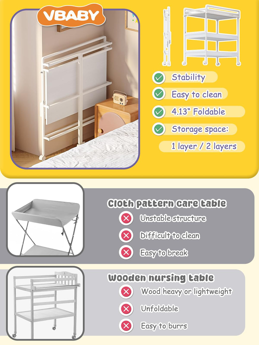 VBABY foldable-changing-table-metal-frame-stability offers sturdy use with less wobble.