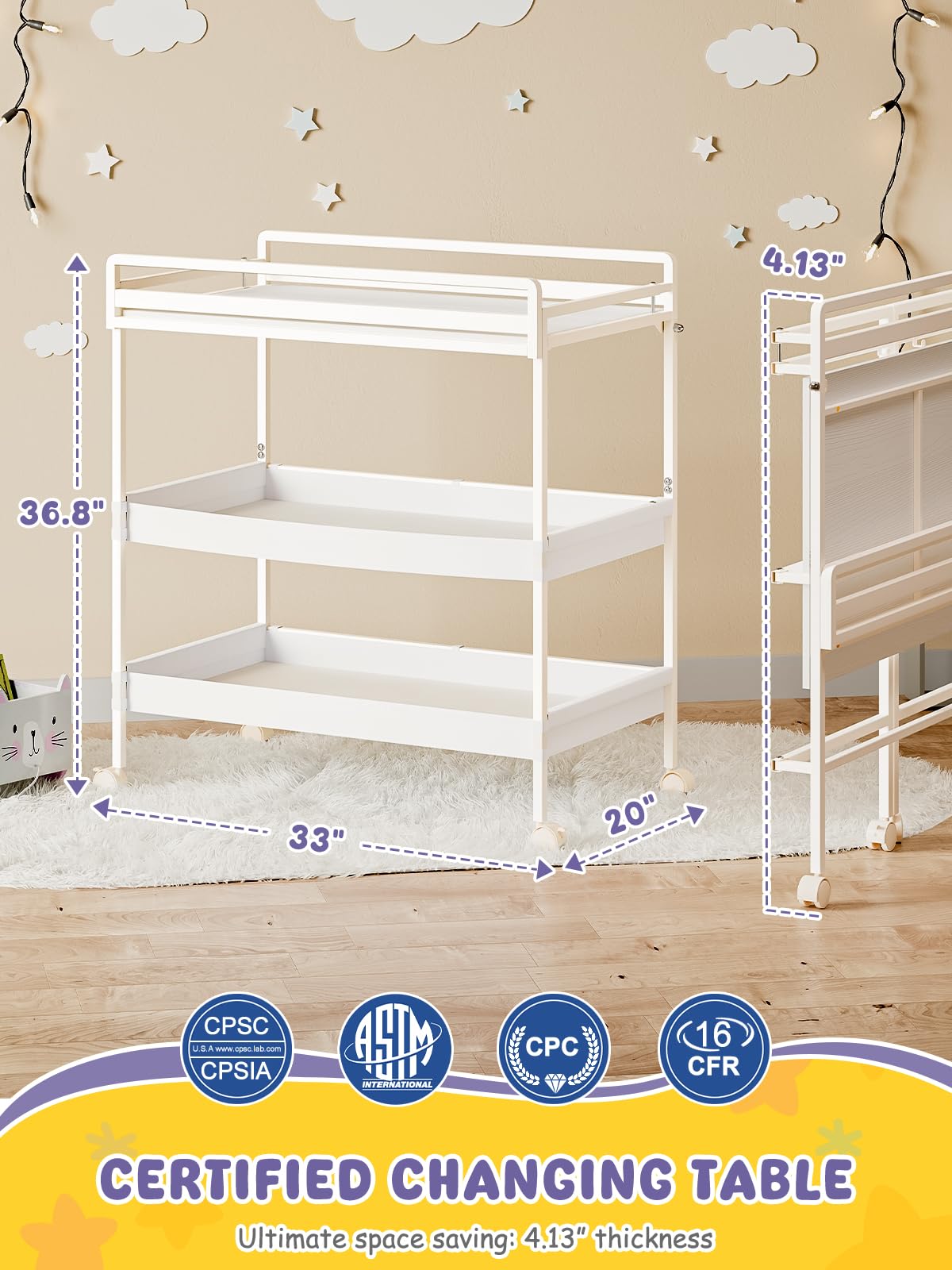 VBABY foldable-changing-table-swivel-casters glides smoothly between rooms.