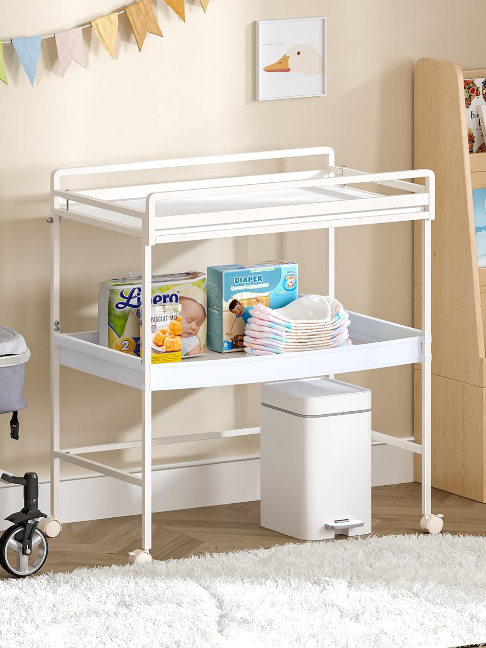 VBABY foldable-changing-table-white blends with nursery decor for a clean look.