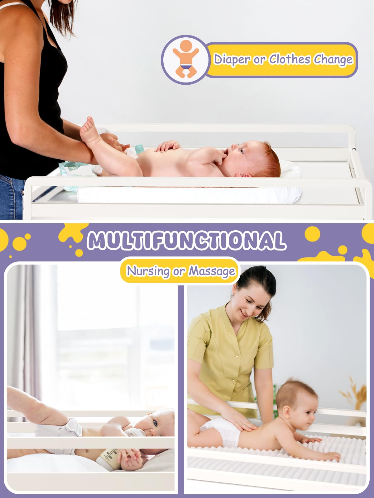 VBABY foldable-table-3-in-1-uses supports diaper changes, massage, and minibath setups.