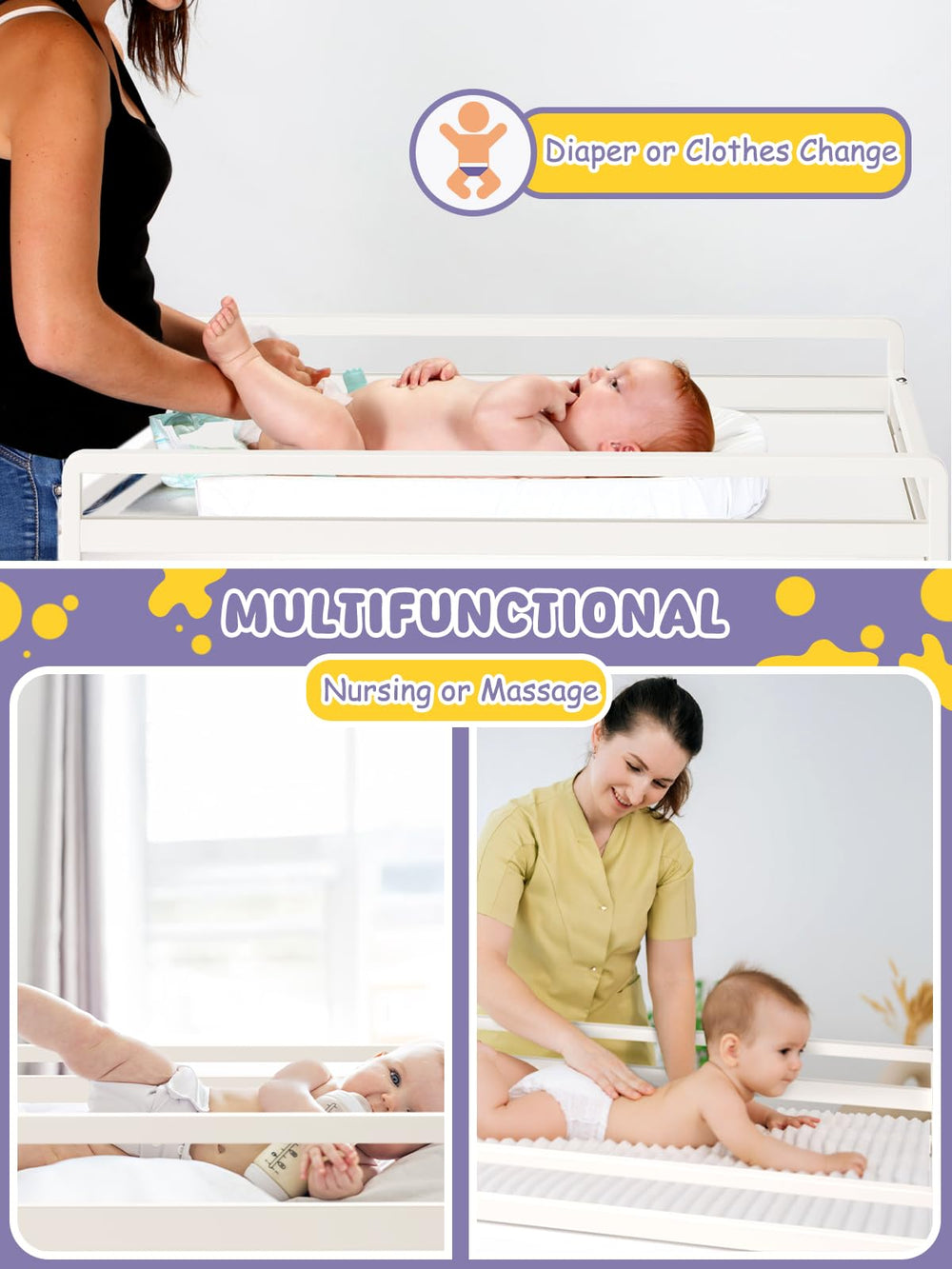 VBABY foldable-table-3-in-1-uses supports diaper changes, massage, and minibath setups.