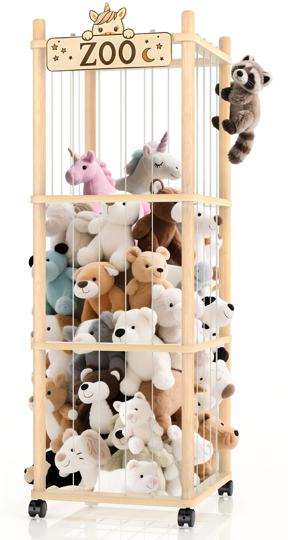 Vecxoty stuffed animal storage tower full view shows a tall wooden organizer that saves floor space.