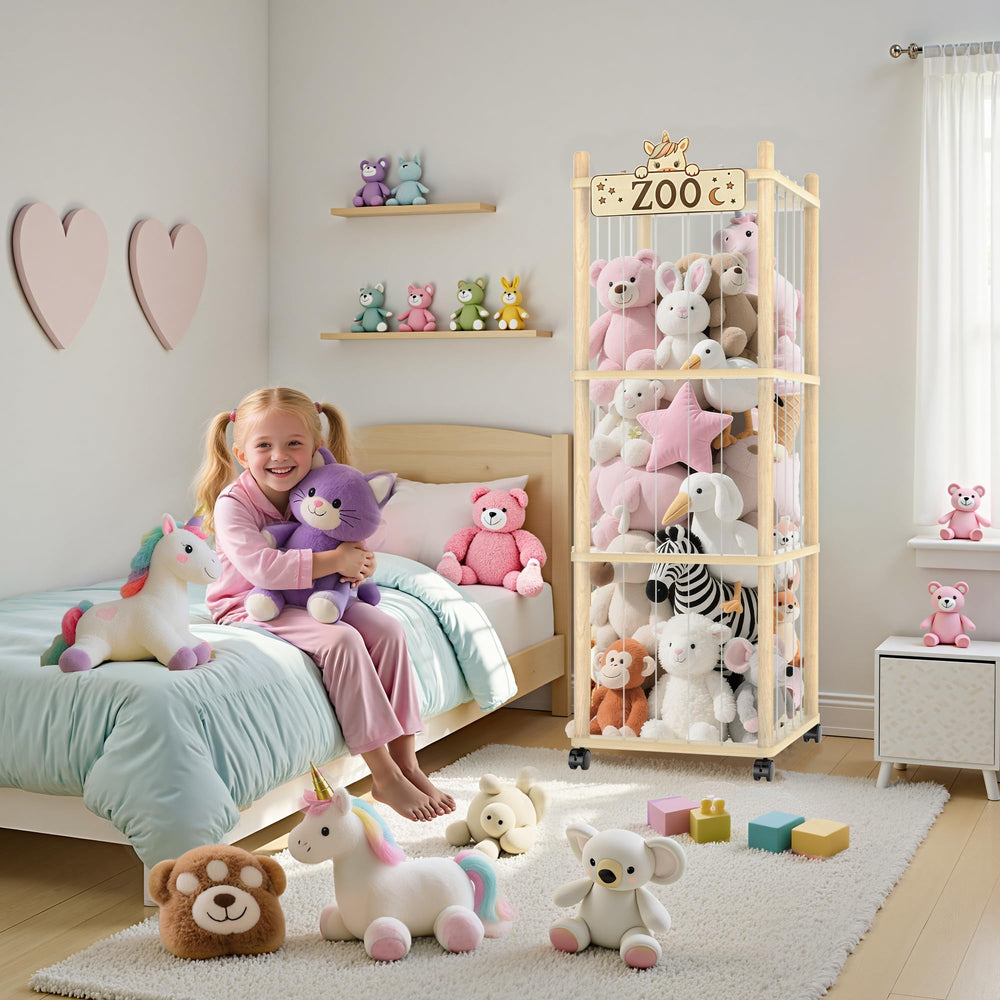 Vecxoty wooden cage side view highlights reinforced design for secure plush storage that keeps plushies in place.