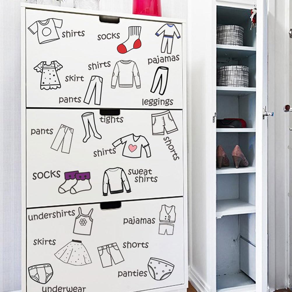 Labeled drawers in a bedroom using Veemoon decals for easy access