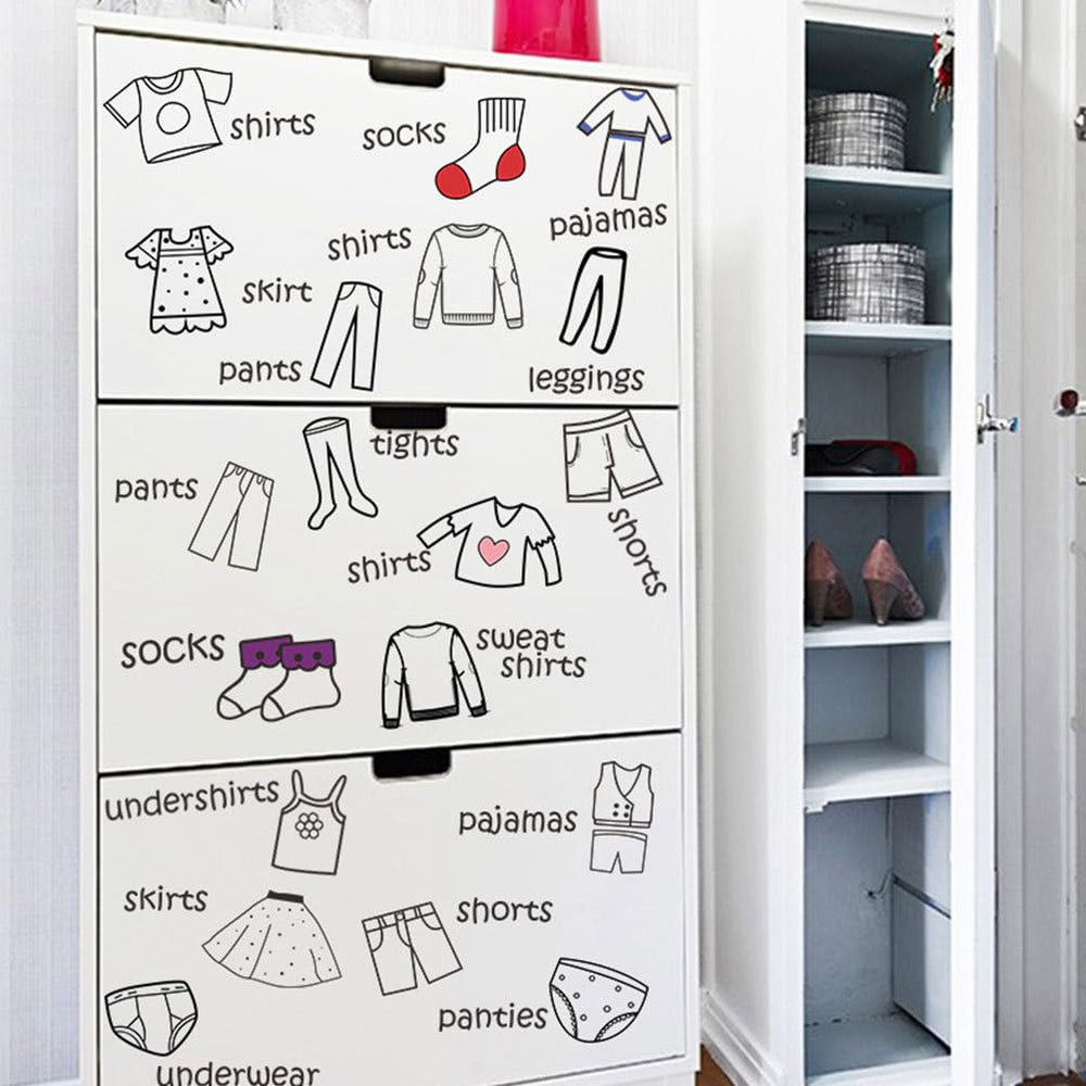 Labeled drawers in a bedroom using Veemoon decals for easy access