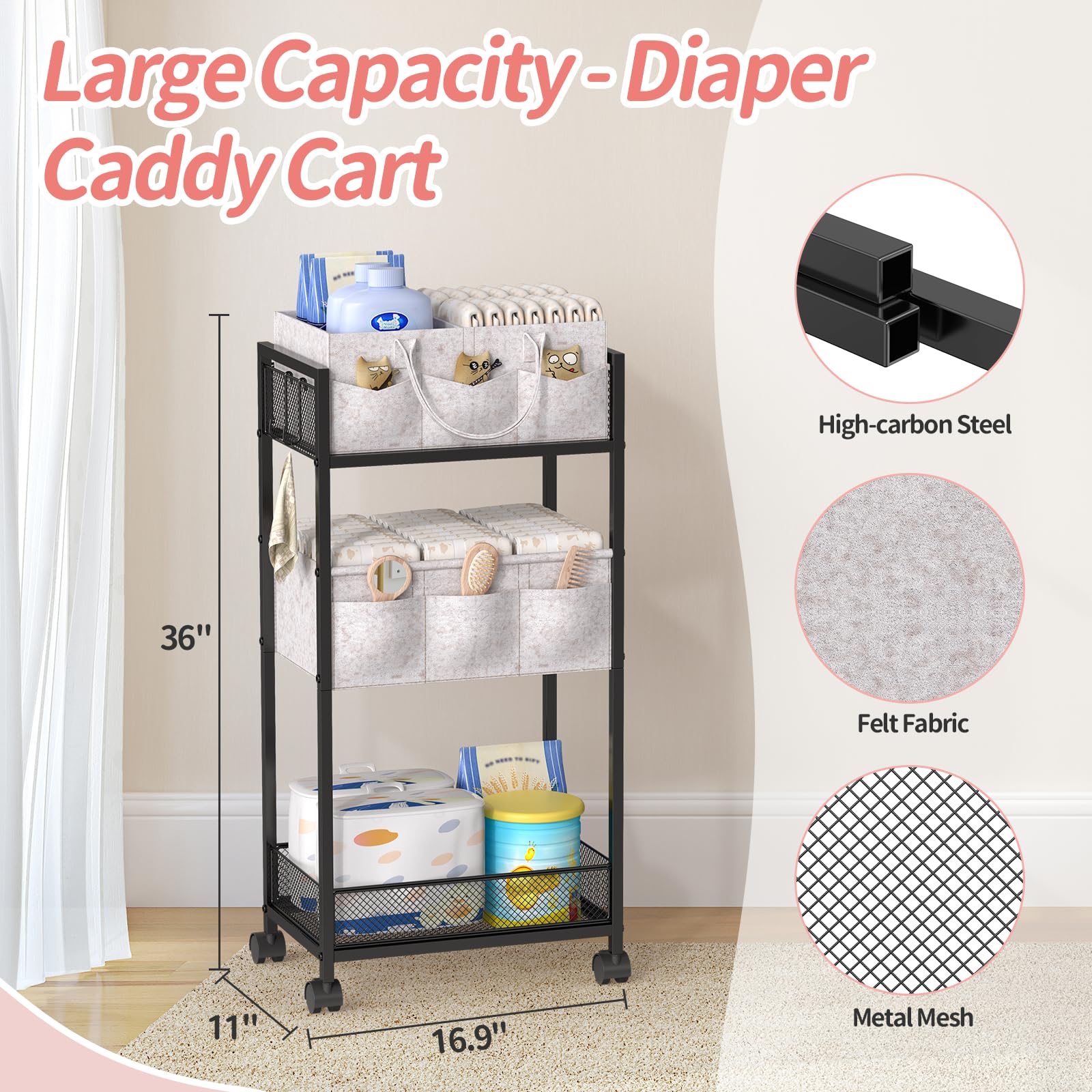 VEESUN rolling diaper cart with 360° wheels for easy mobility around the nursery