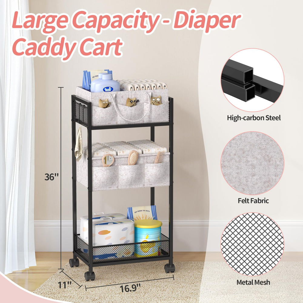 VEESUN rolling diaper cart with 360° wheels for easy mobility around the nursery