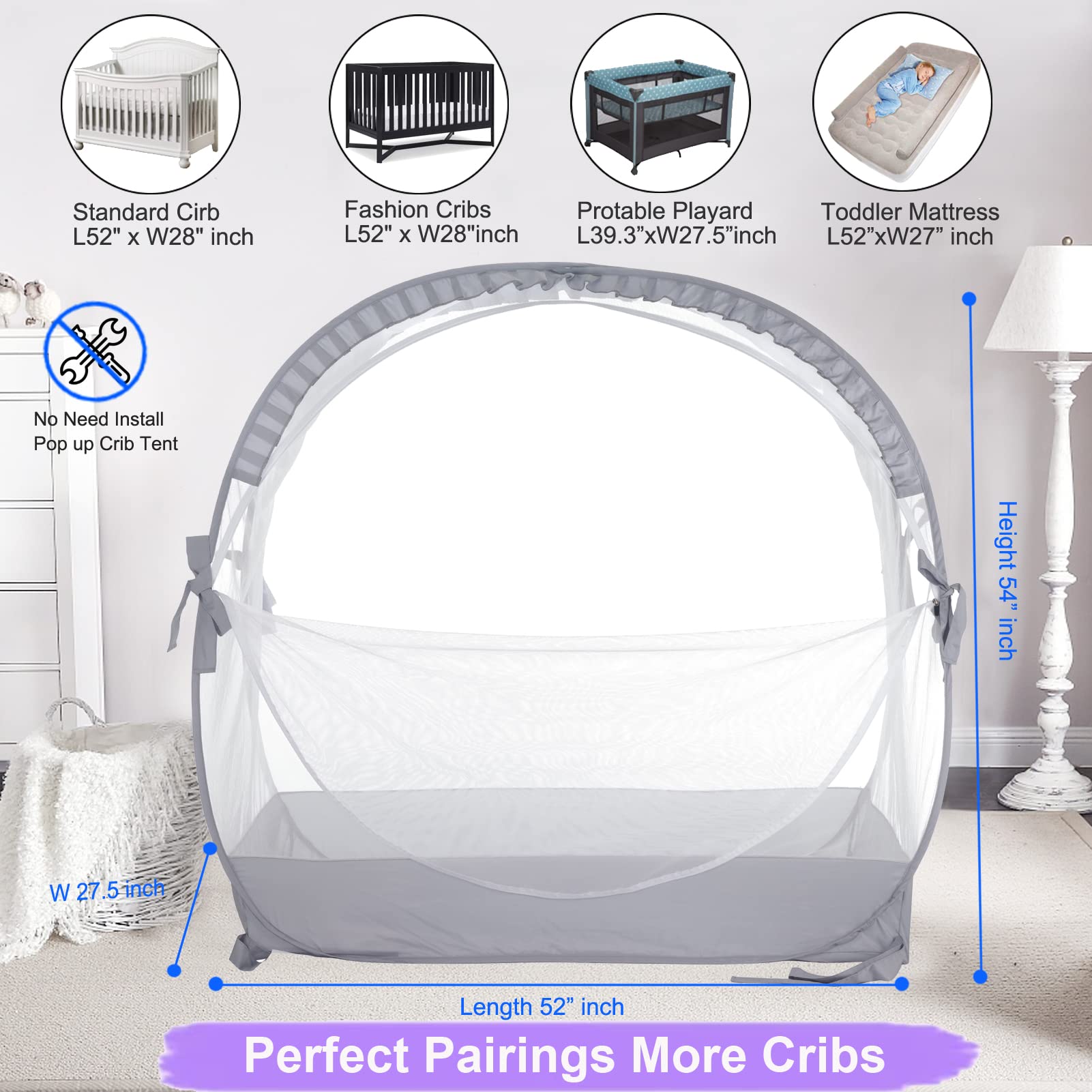 VEIZXUN crib tent fits standard cribs keeping baby inside securely