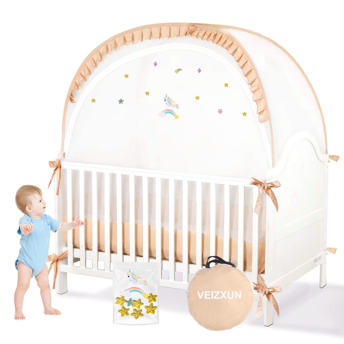 VEIZXUN crib tent star pattern for peaceful sleep and mosquito protection