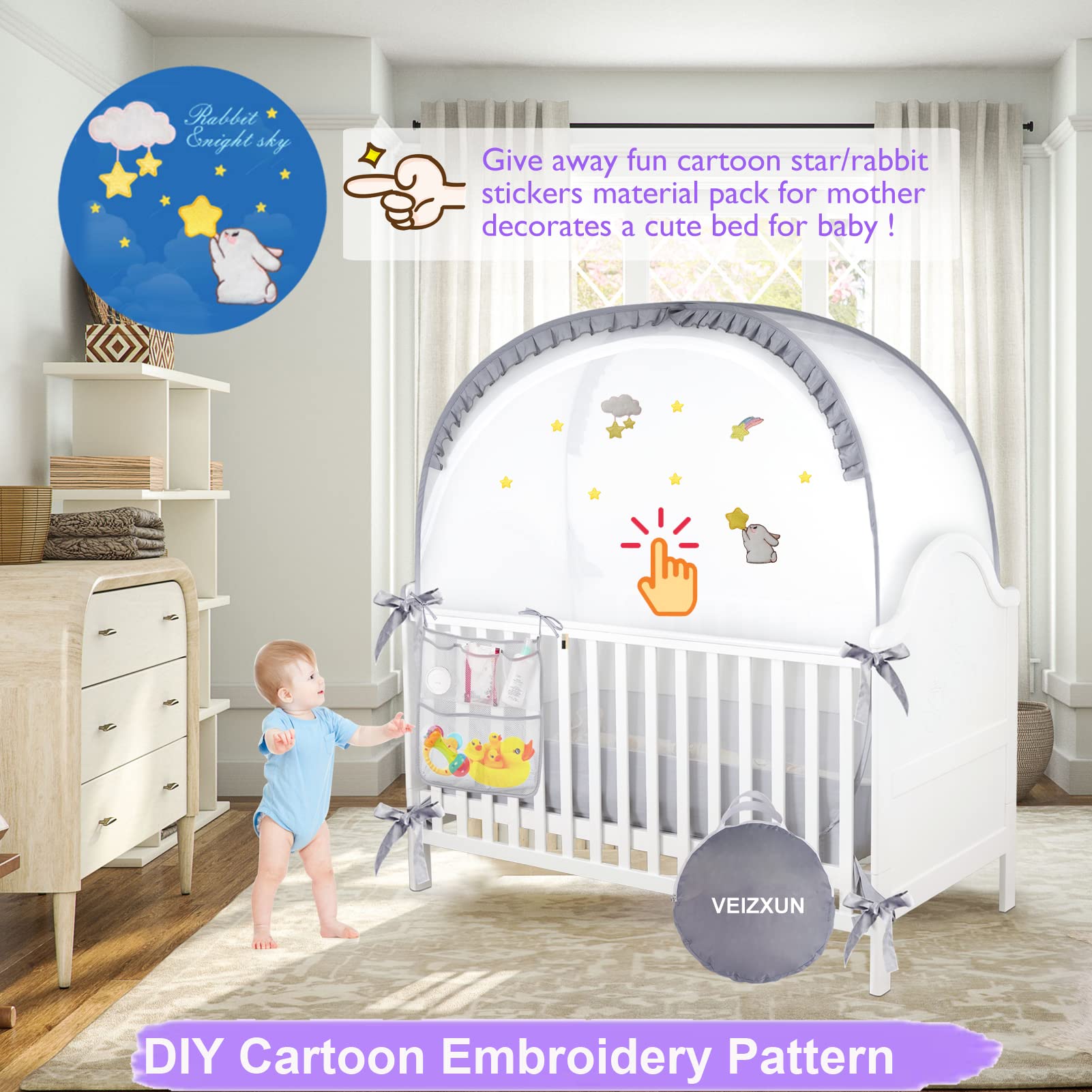 VEIZXUN crib tent embroidery stickers decorate for cute bedtime ambiance