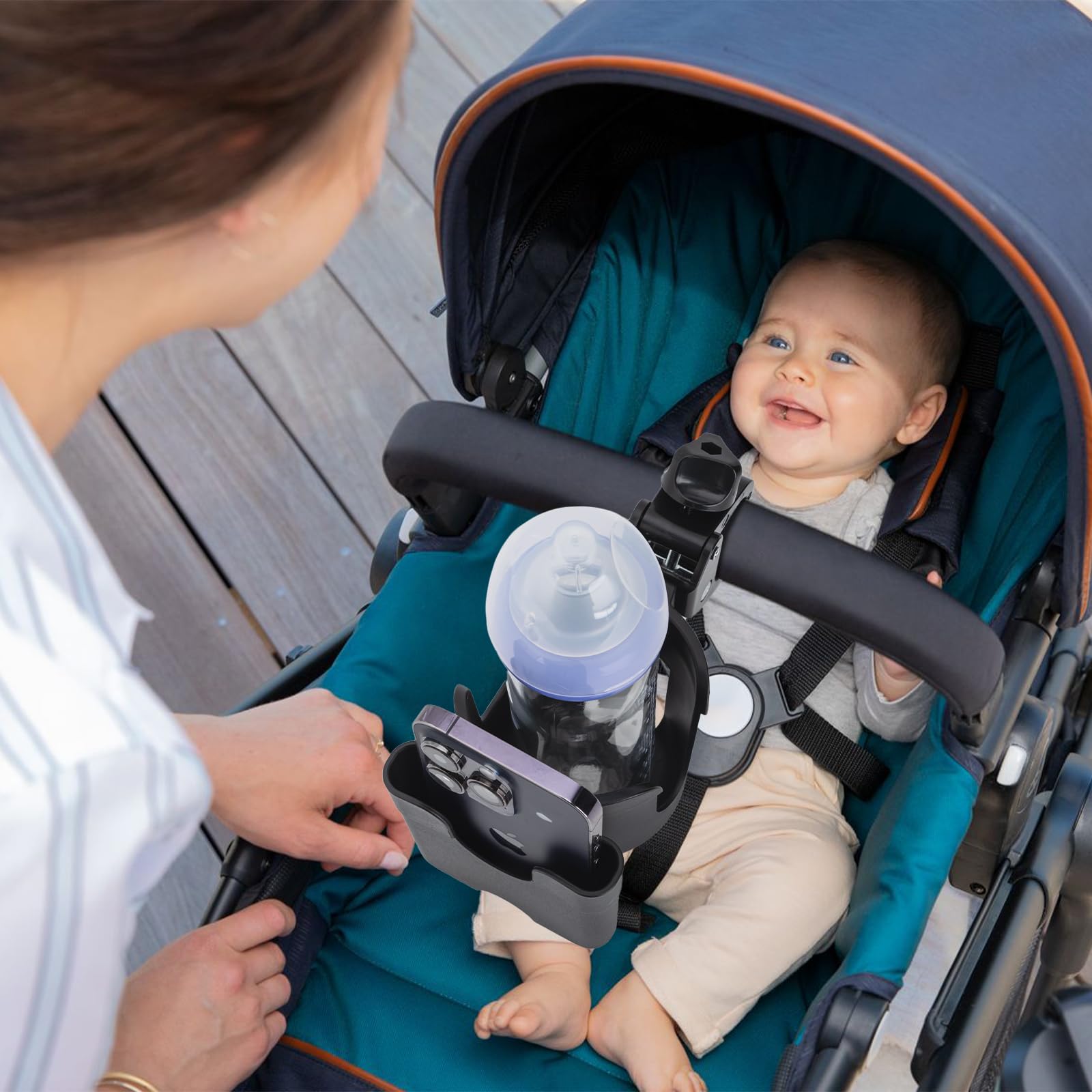 Vekniqo stroller-attachment-2in1-design keeps bottle and phone within easy reach.