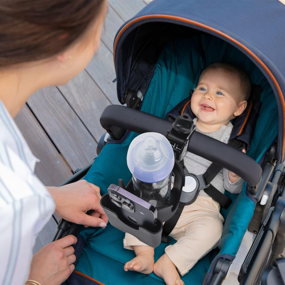 Vekniqo stroller-attachment-2in1-design keeps bottle and phone within easy reach.