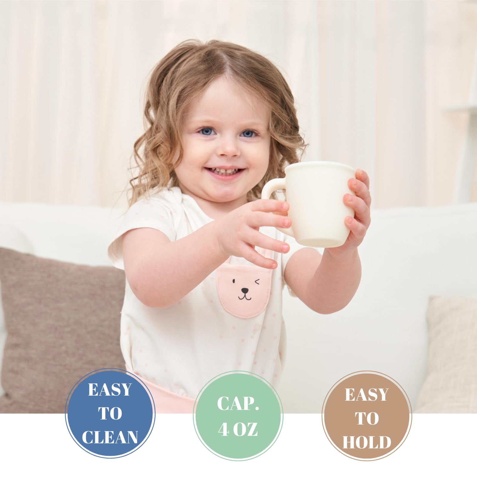Vemolea cup with non-slip ergonomic grip supports budding motor skills