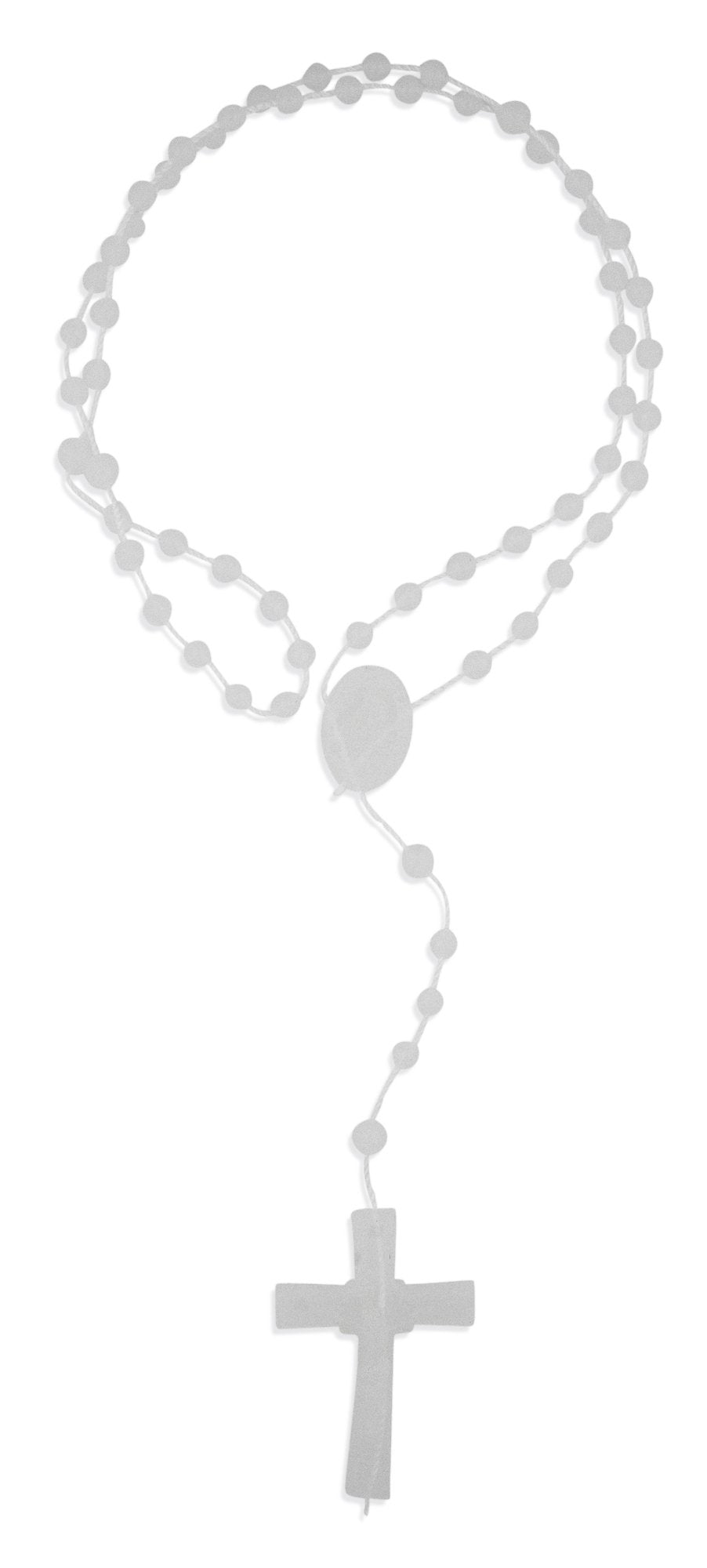 Venerare Vatican Imports plastic economy rosary white beads closeup, durable for daily prayer and group use