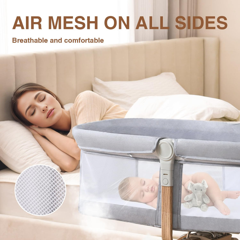 Venowu bedside crib two-way lock illustrates secure stability and worry-free positioning