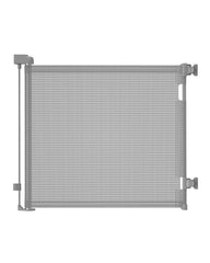 Veraste retractable gate in doorway extended to 55 inches for wide coverage in grey.