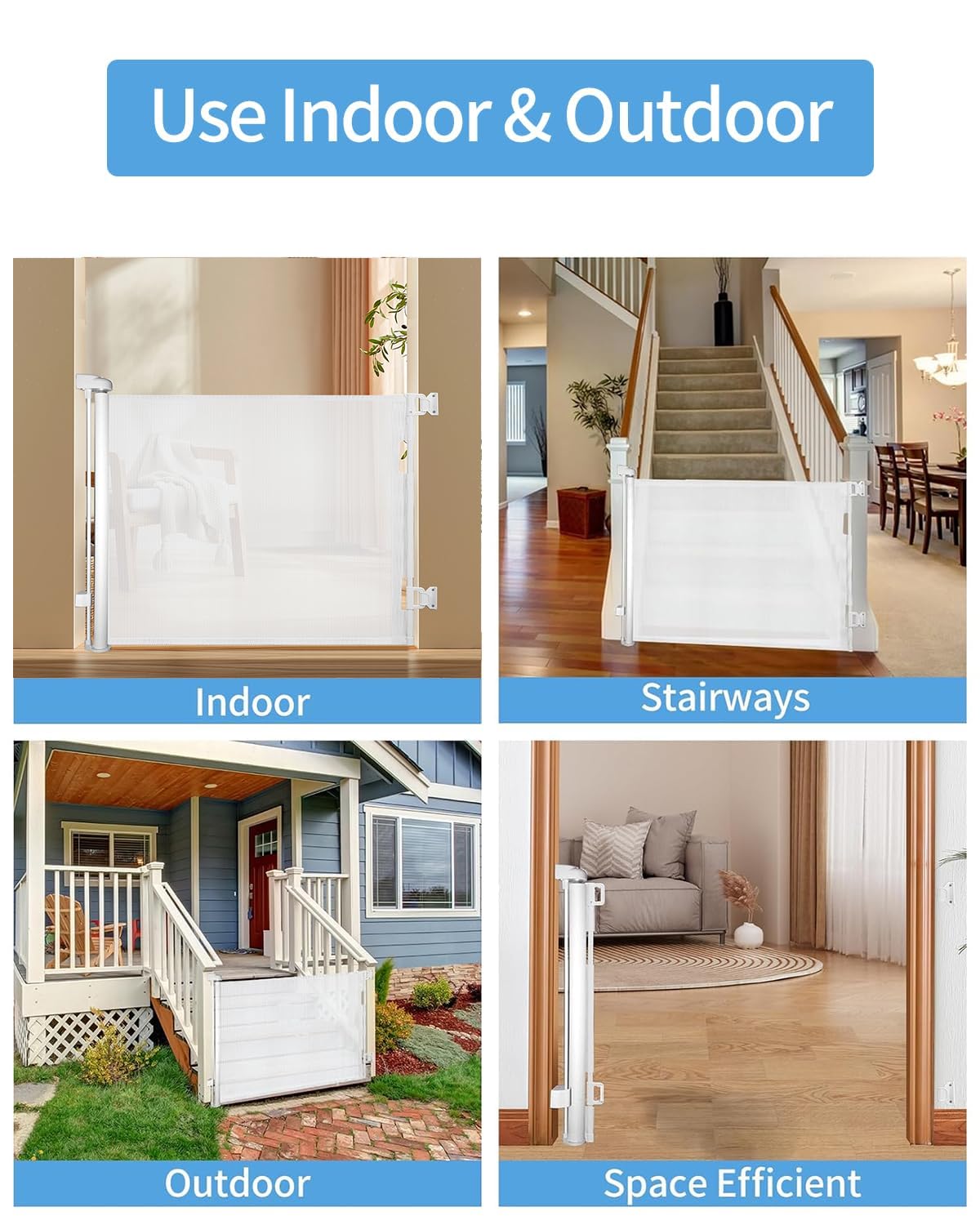 Veraste white gate in stairway setting demonstrates wide expansion for doorway safety