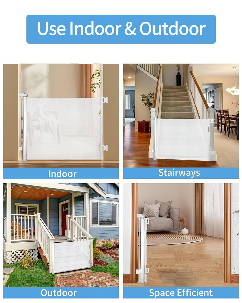 Veraste white gate in stairway setting demonstrates wide expansion for doorway safety