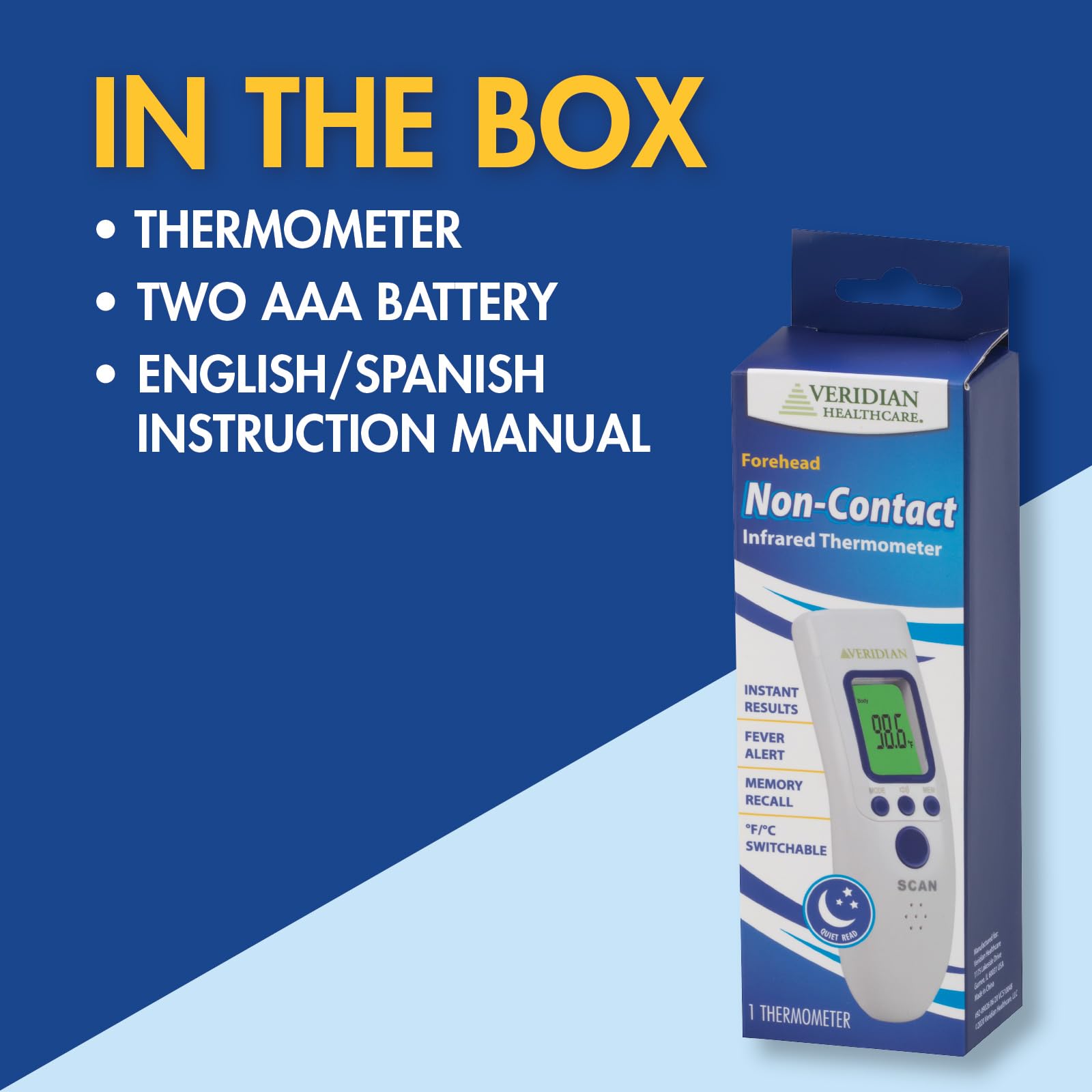 Veridian Non-Contact Thermometer displays Fahrenheit or Celsius for flexible readings.