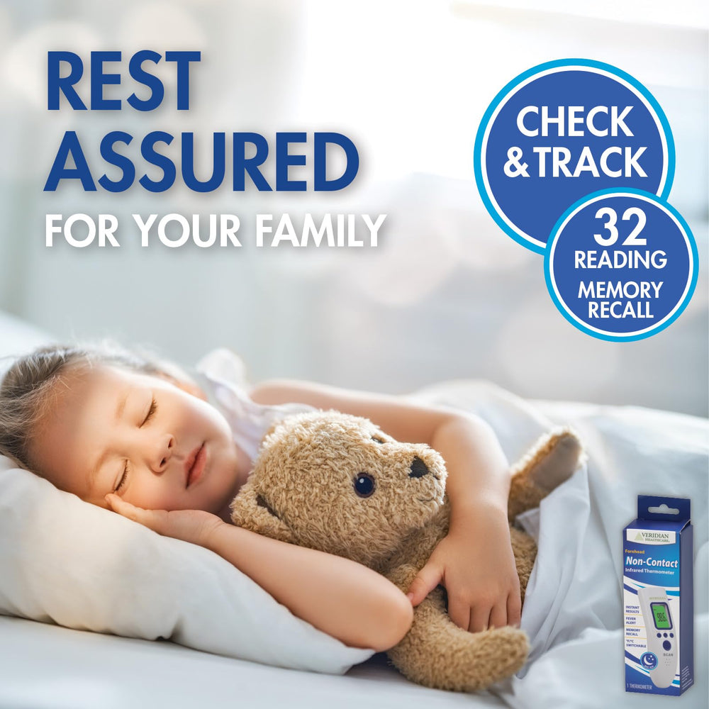 Veridian Non-Contact Thermometer memory stores up to 32 readings for trend tracking.