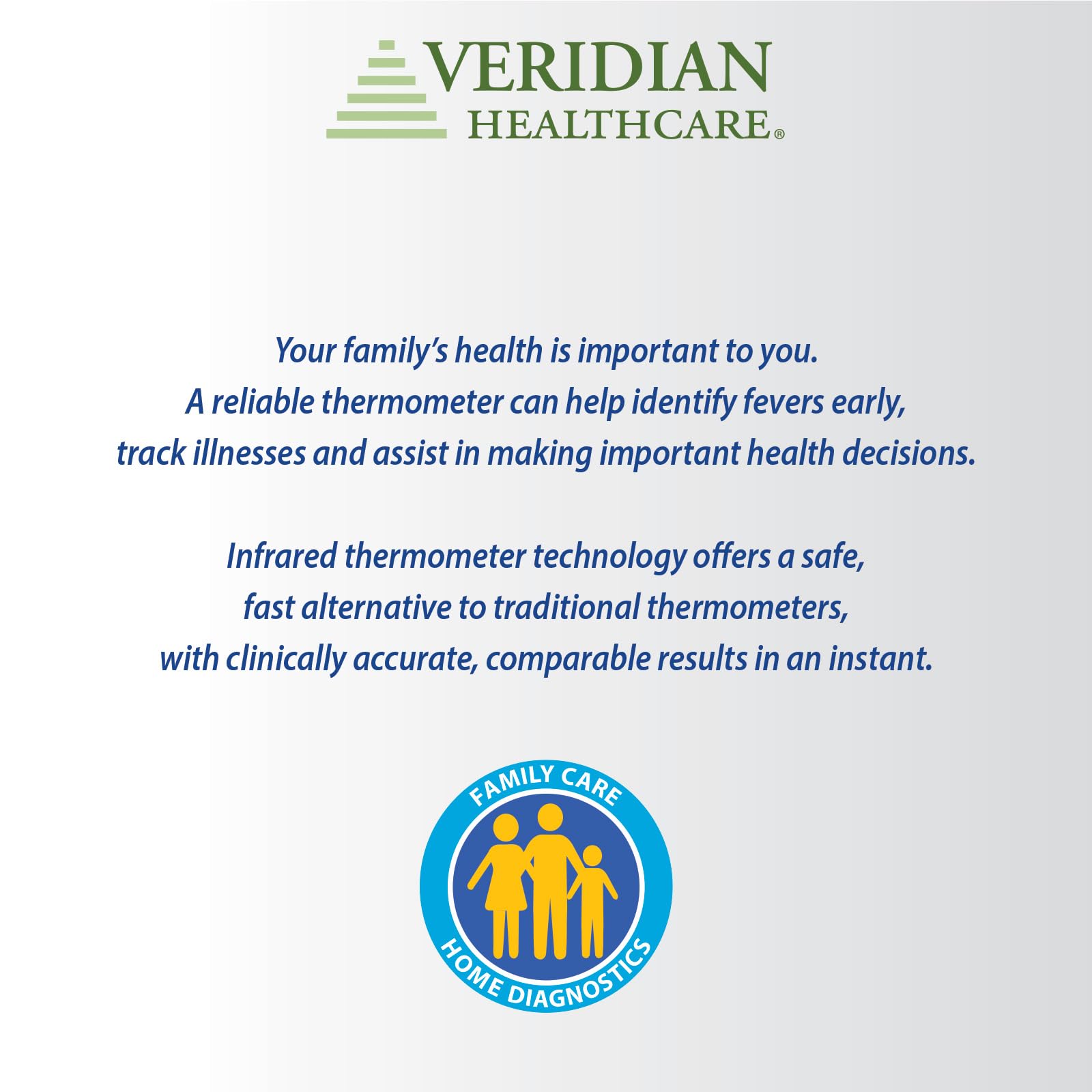 Veridian Non-Contact Thermometer packaging includes batteries and a 3-year warranty.