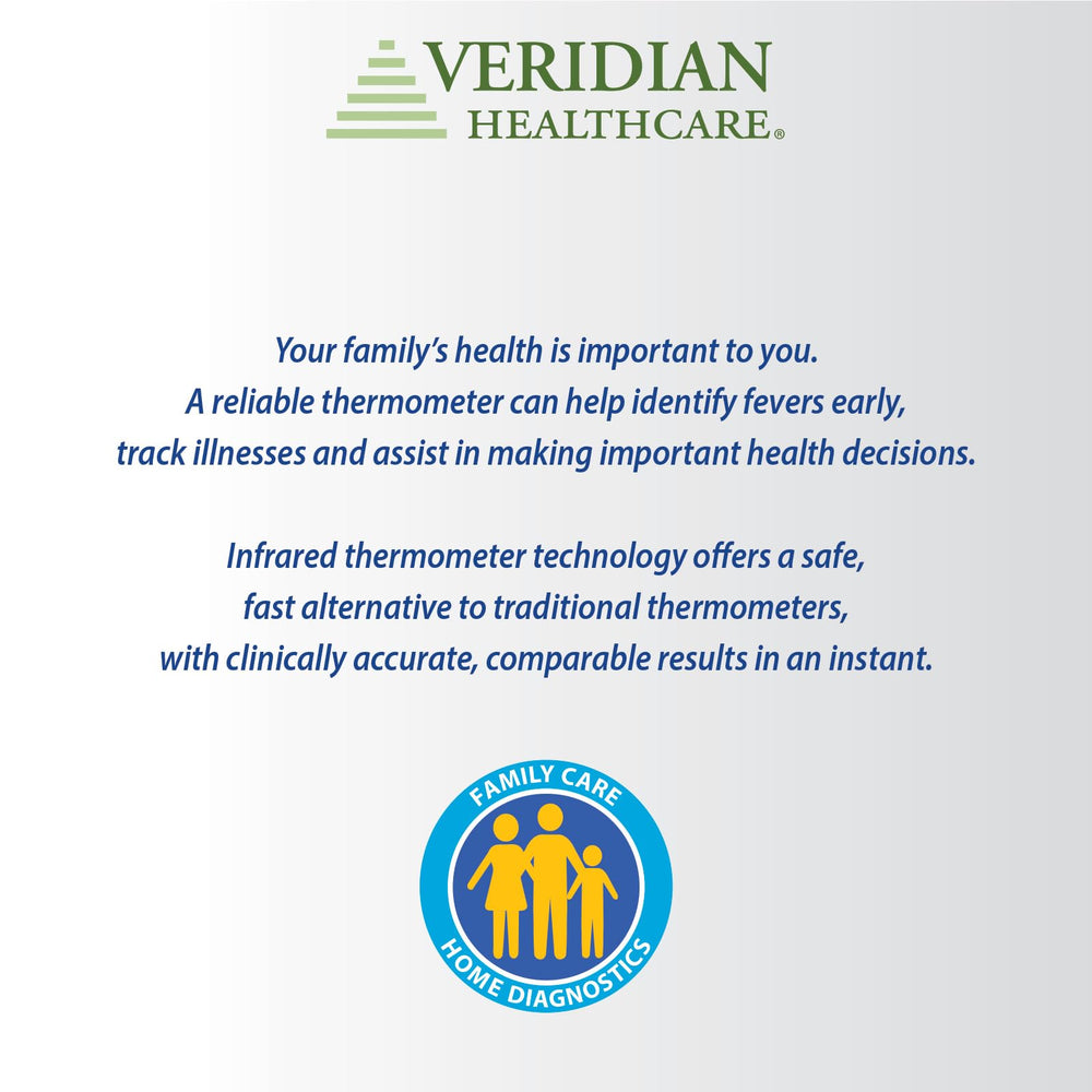 Veridian Non-Contact Thermometer packaging includes batteries and a 3-year warranty.