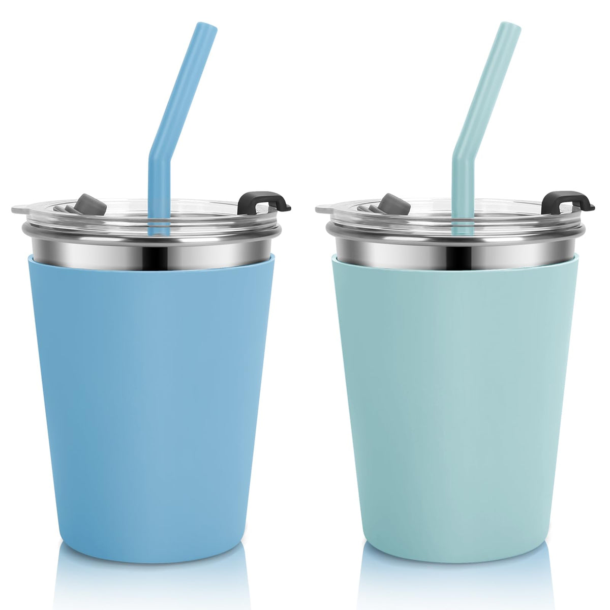Vermida kids cups with leak-proof lids blue and green for mess-free travel.