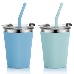 Vermida kids cups with leak-proof lids blue and green for mess-free travel.