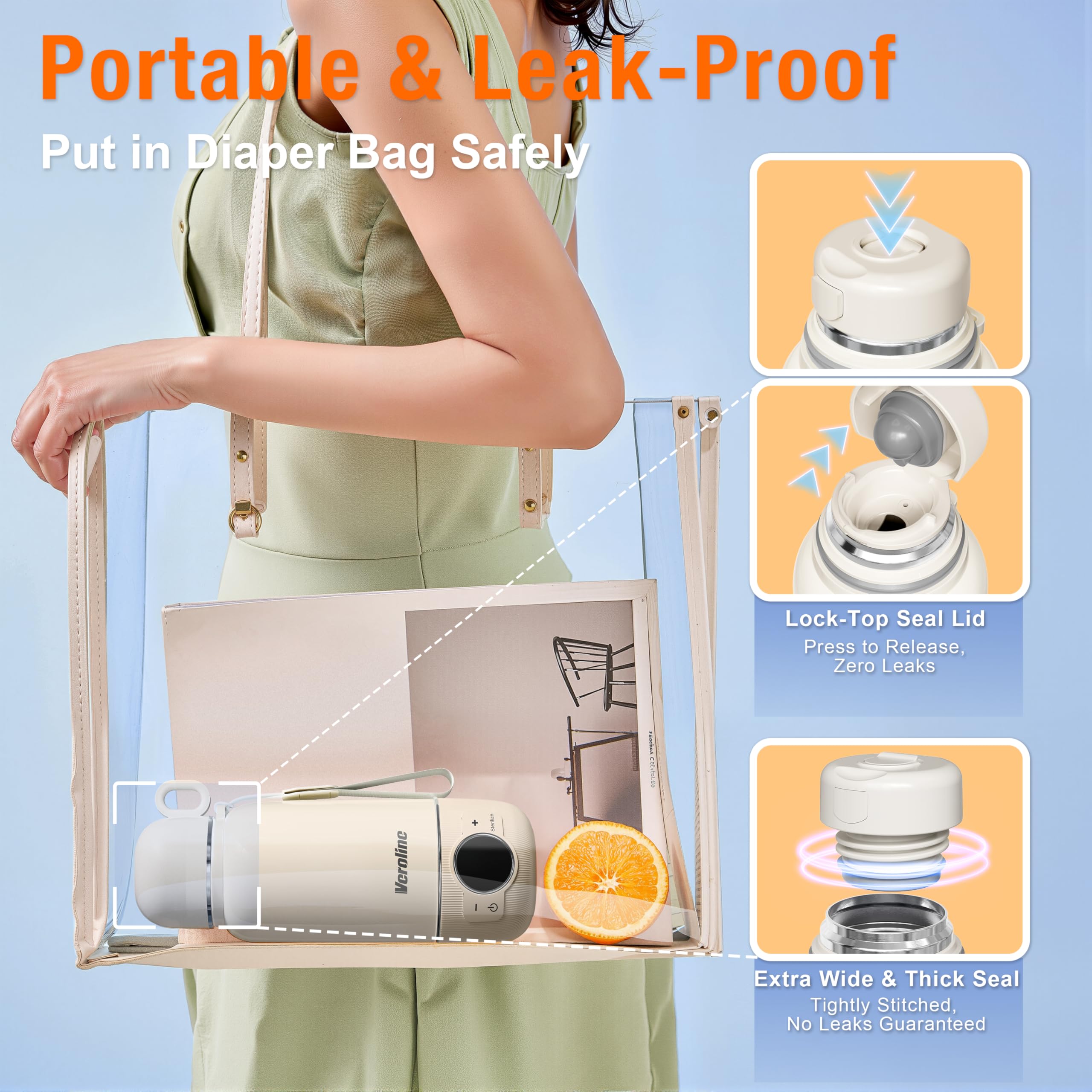 Veroline detachable lid doubles as a cup for mess-free feeding on the move.