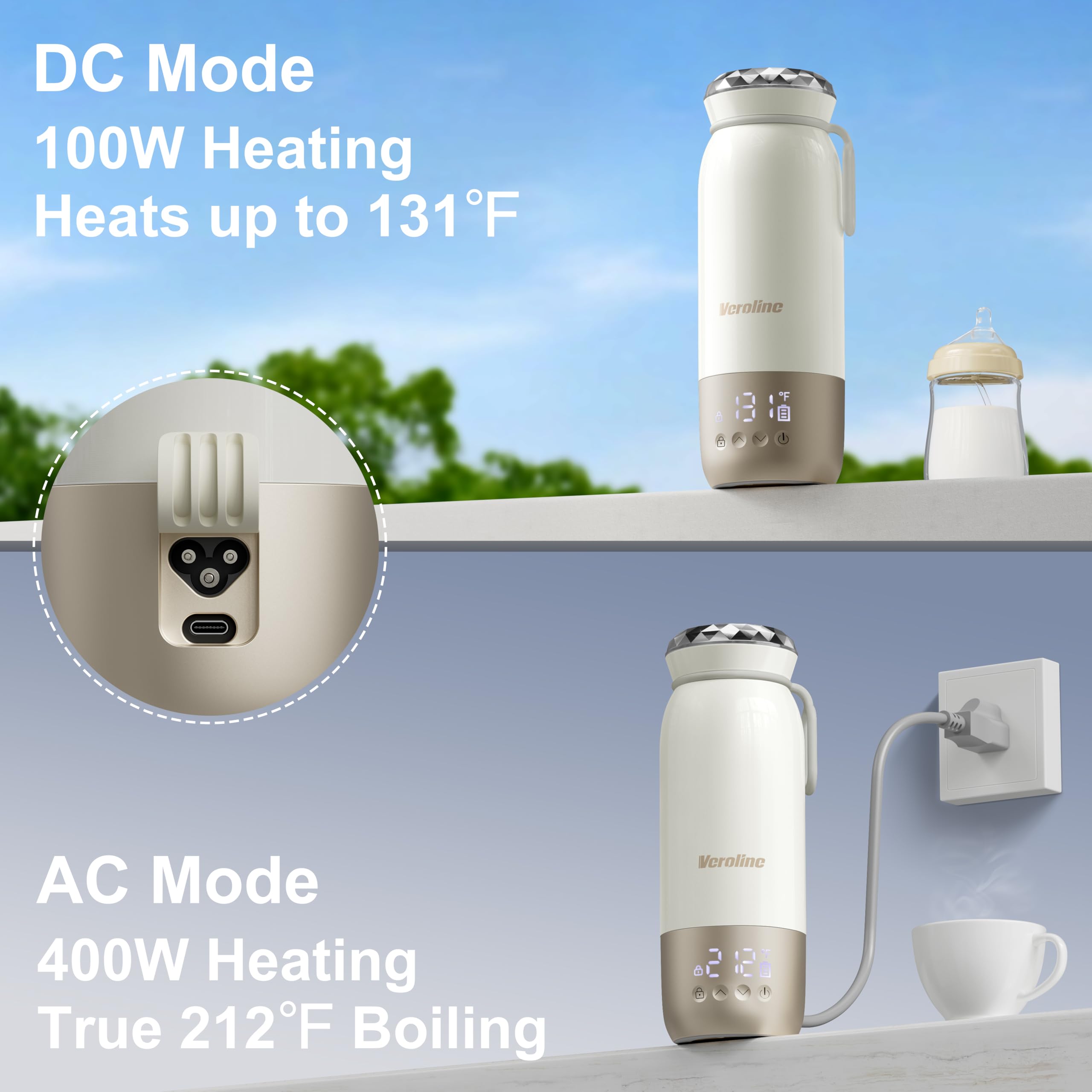 Veroline portable bottle warmer 18.6 oz capacity shown for multiple feeds on trips.