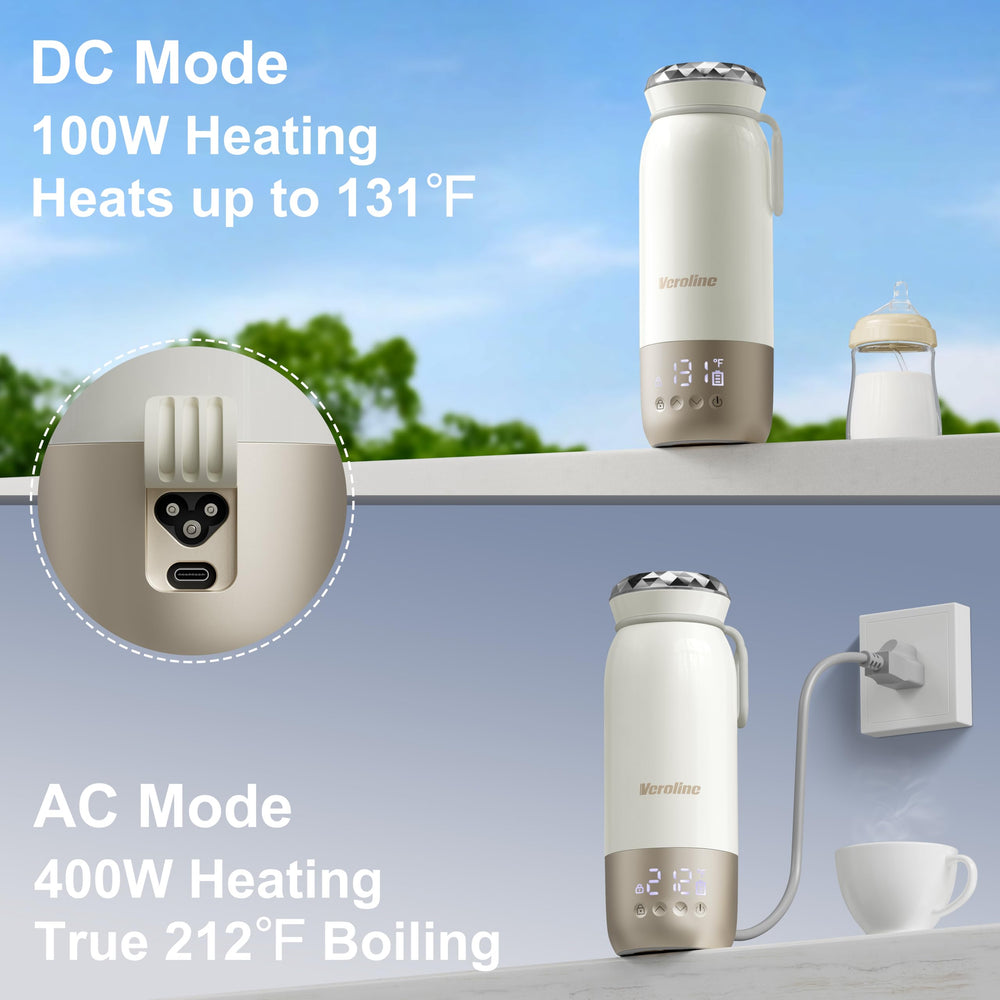 Veroline portable bottle warmer 18.6 oz capacity shown for multiple feeds on trips.