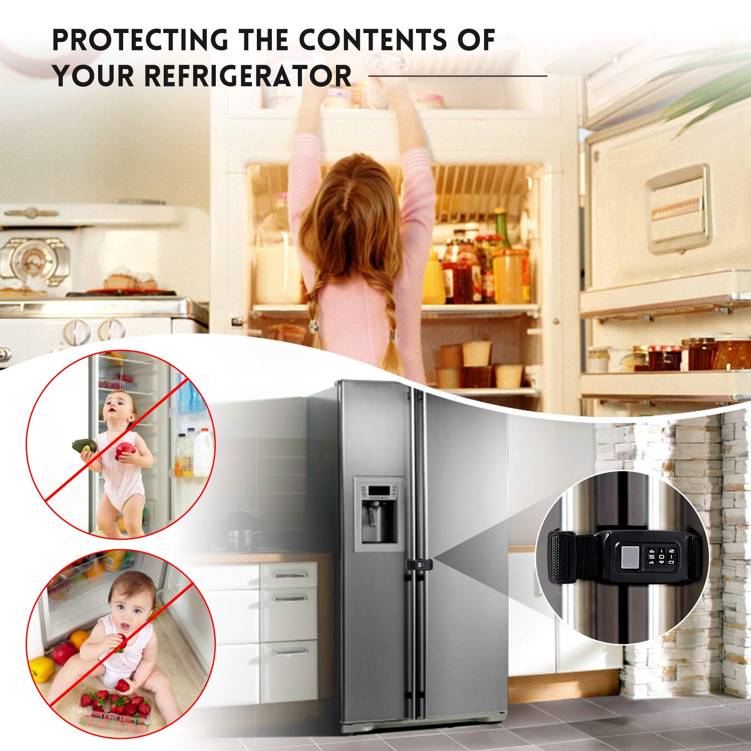 Veronica fridge lock with belt adjustment on a weathered door handle