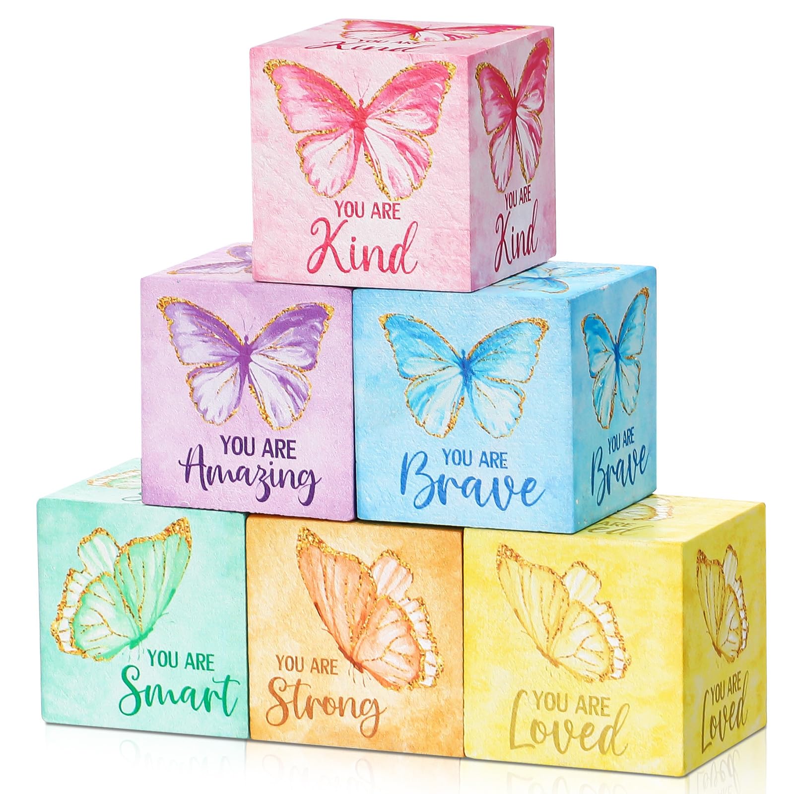 Vertintong butterfly nursery blocks front view showing cheerful boho rainbow decor for shelves.