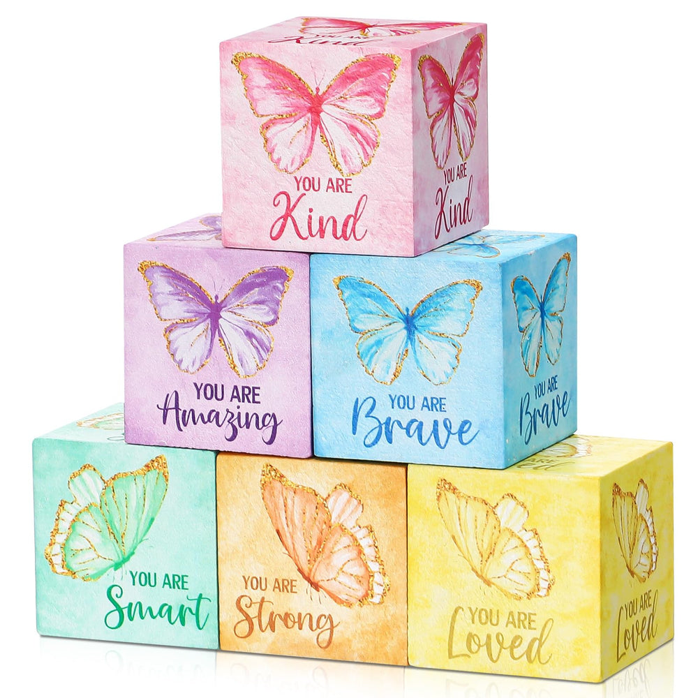 Vertintong butterfly nursery blocks front view showing cheerful boho rainbow decor for shelves.