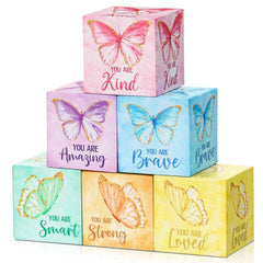 Vertintong butterfly nursery blocks front view showing cheerful boho rainbow decor for shelves.