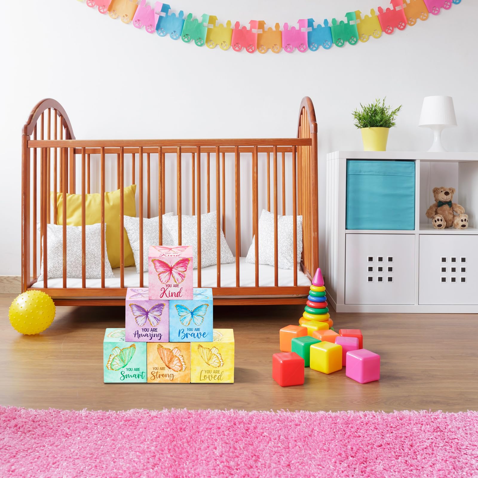 Vertintong nursery photography prop blocks to capture soft rainbow moments in photos.