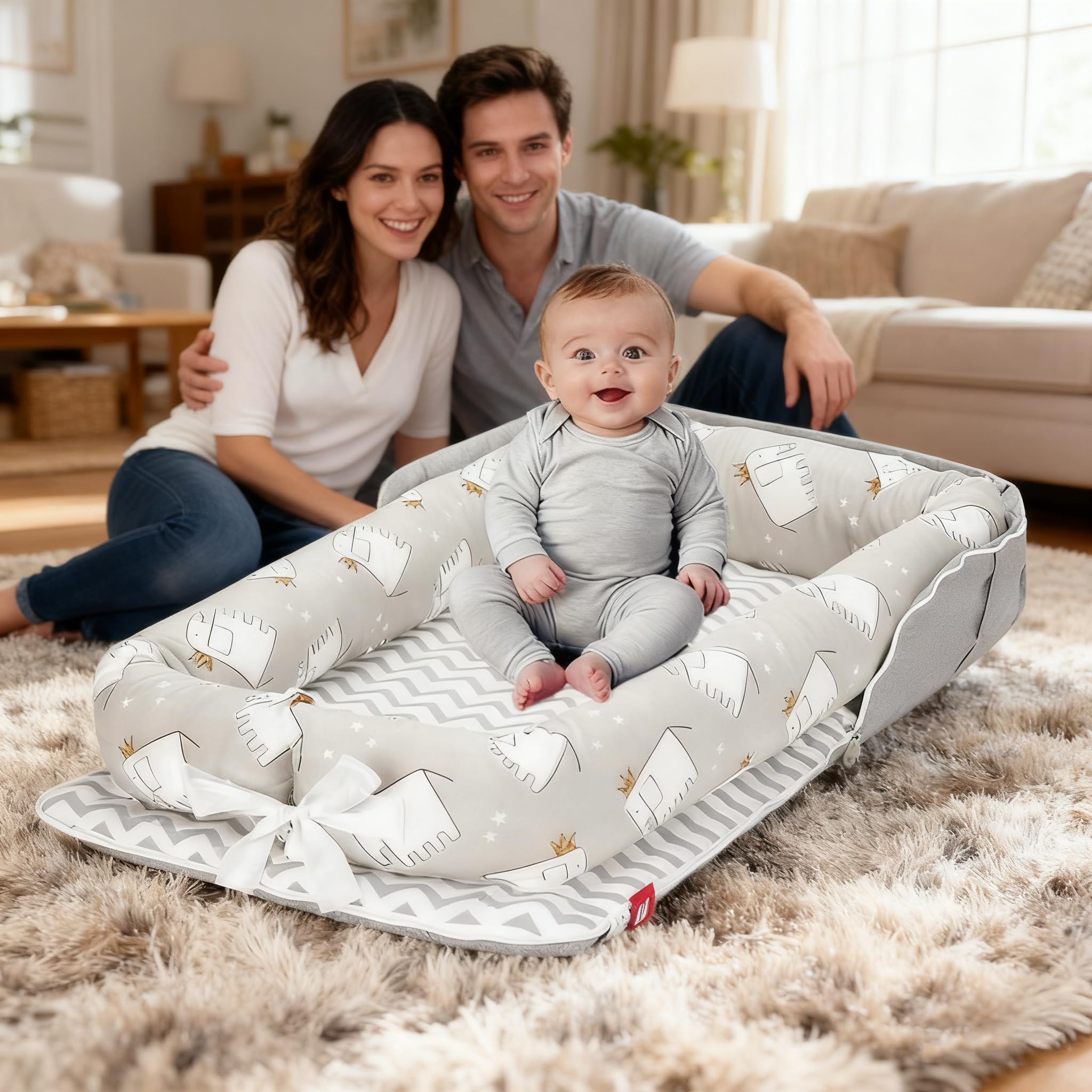 VerveBaby baby lounger shoulder-strap travel-ready demonstrates portable design for on-the-go care.