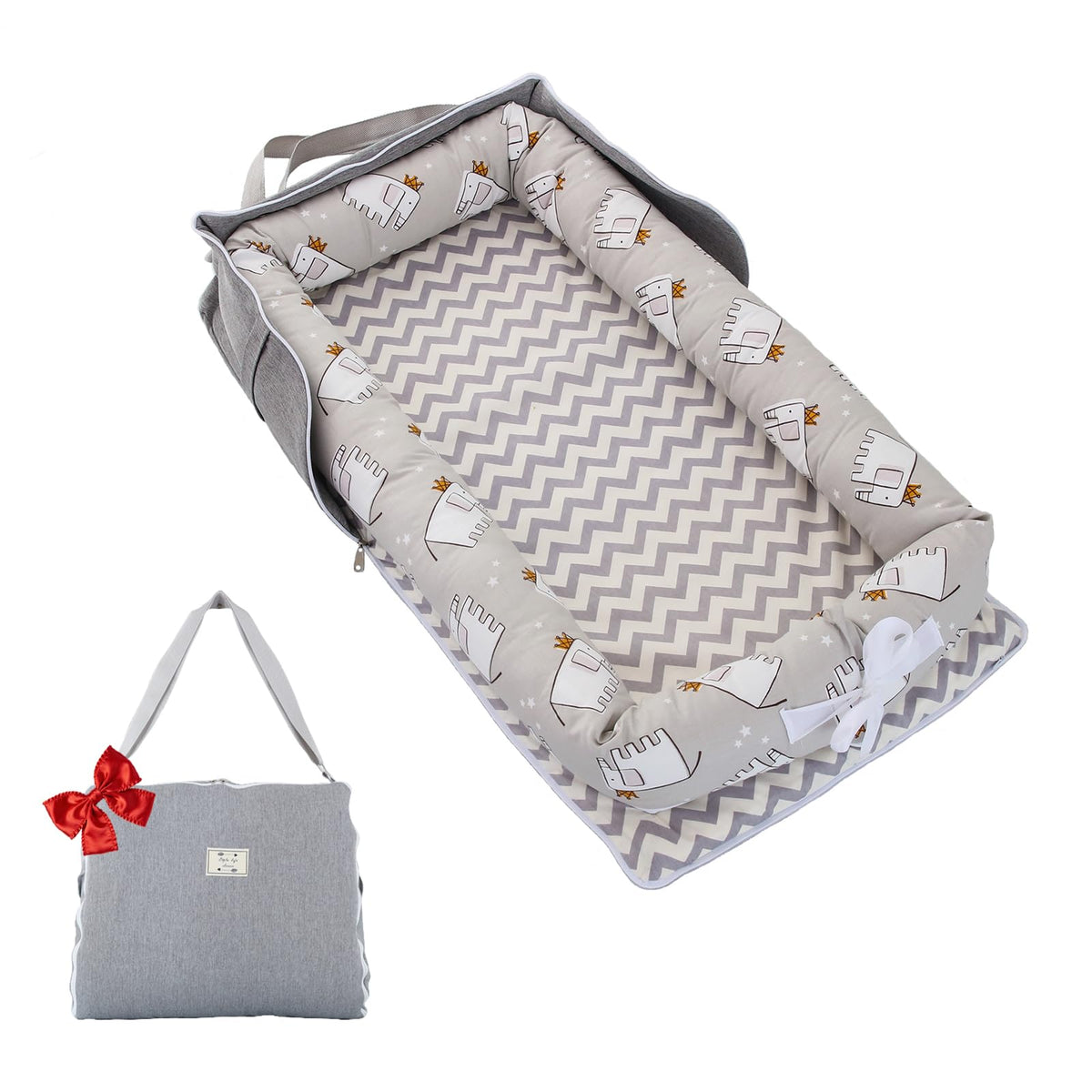VerveBaby little-elephant-grey-lounger fabric close-up showing soft, skin-friendly cotton for newborn comfort.