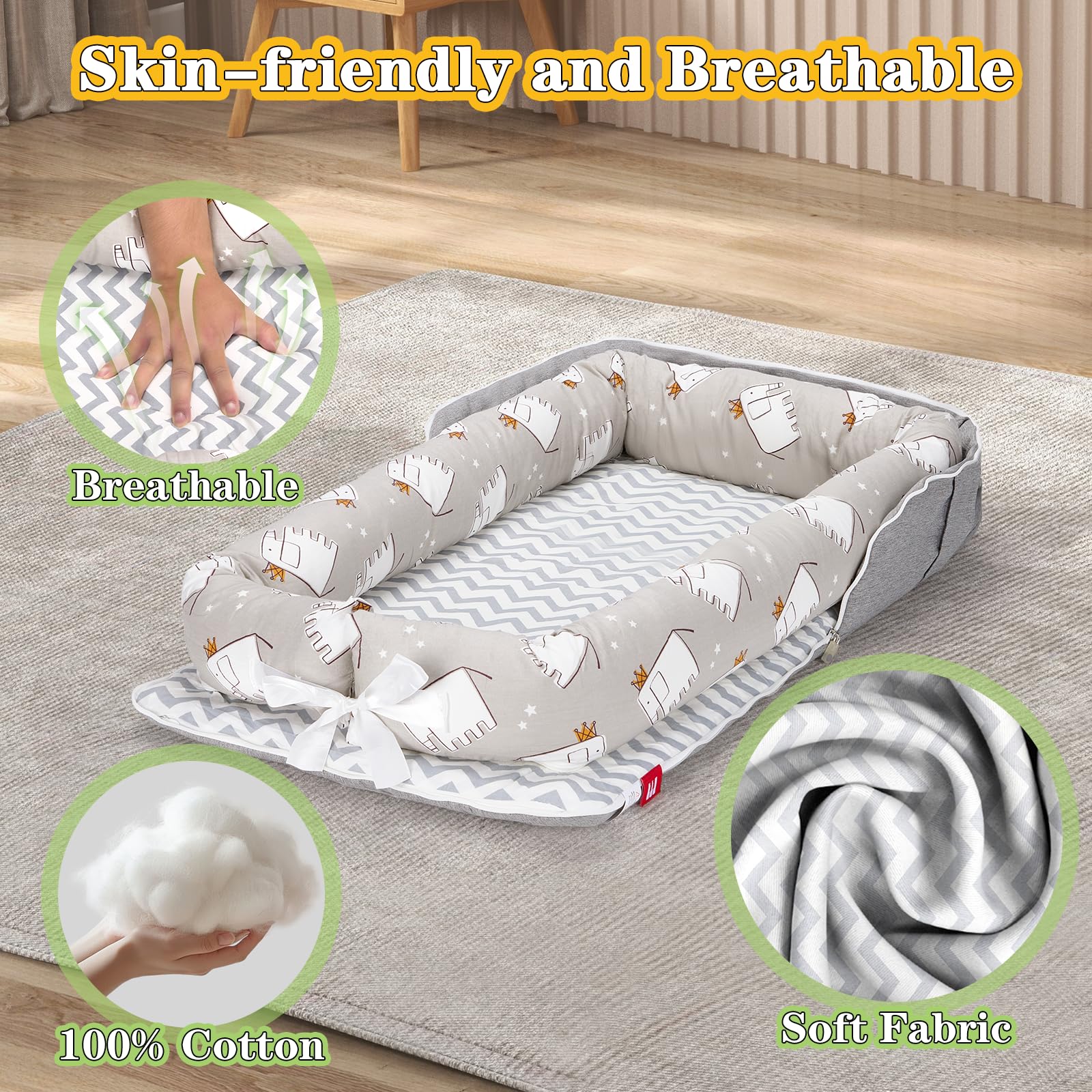 VerveBaby newborn-lounger removable-cover shows easy cleaning with zippered cover.