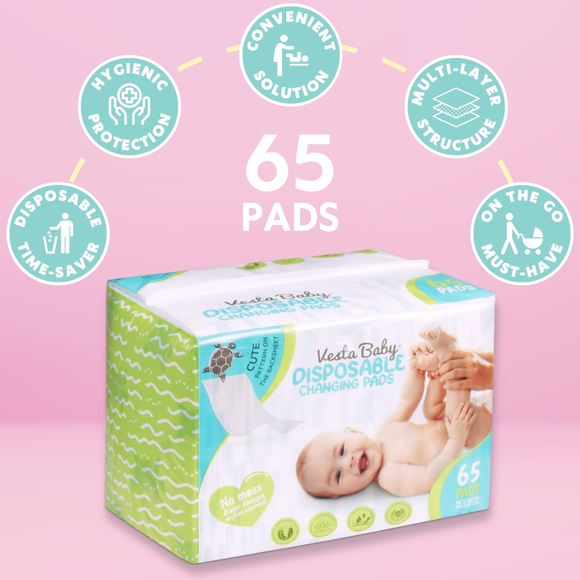 Vesta Baby 65 sea turtle pattern backsheet differentiates sides for quick orientation.