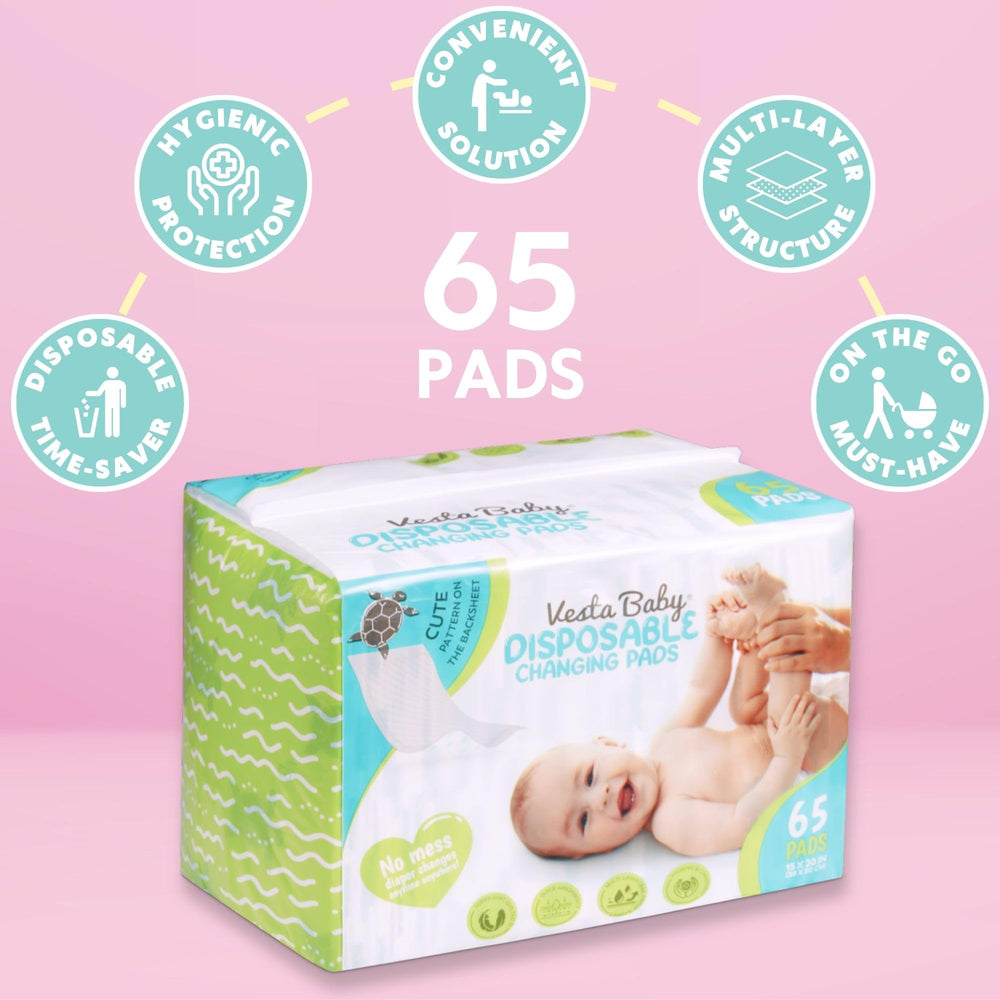Vesta Baby 65 sea turtle pattern backsheet differentiates sides for quick orientation.