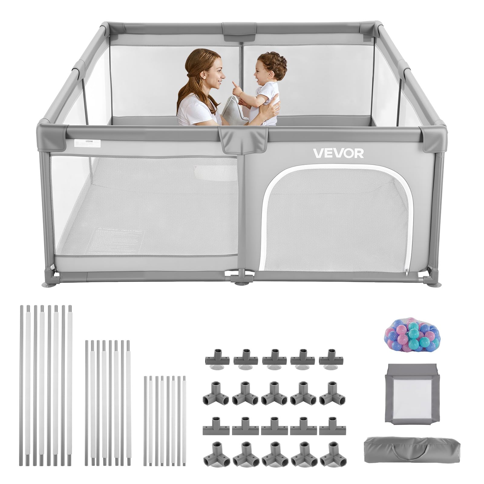 VEVOR baby playpen exterior dimensions show spacious footprint for toddler movement