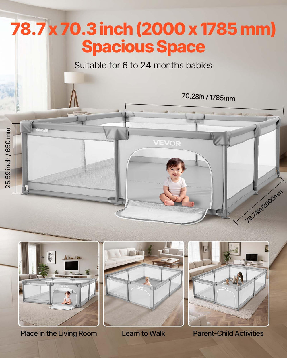 VEVOR baby playpen internal area illustrates ample space for supervised play