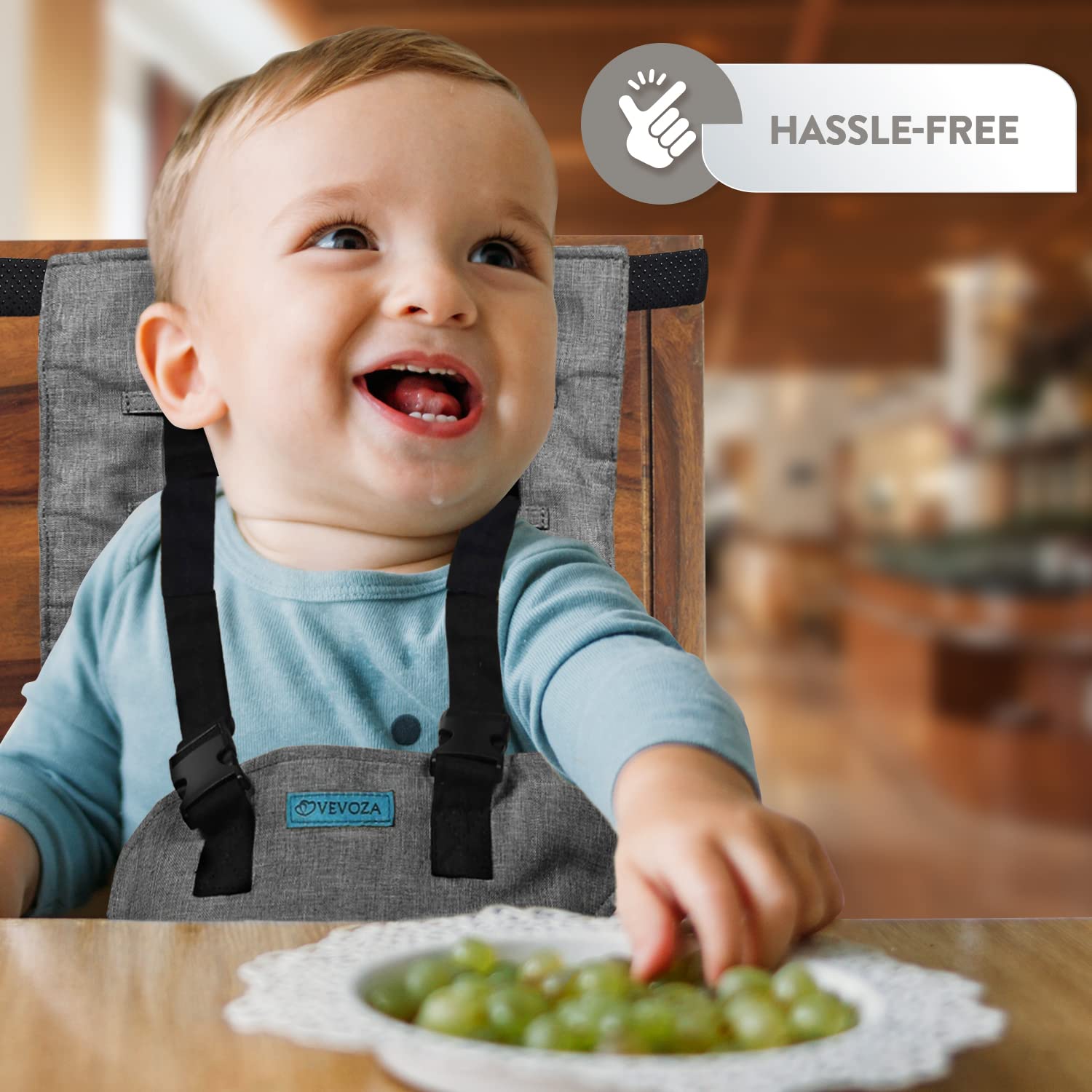 Vevoza Compact Travel High Chair harness detail highlighting padded straps for comfort.