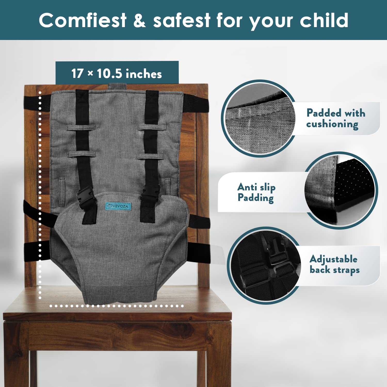Vevoza Compact Travel High Chair in use with a baby to toddler on the chair.