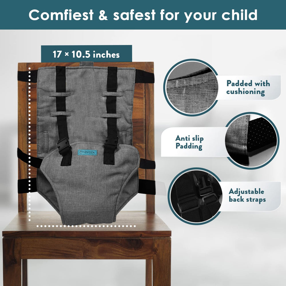 Vevoza Compact Travel High Chair in use with a baby to toddler on the chair.