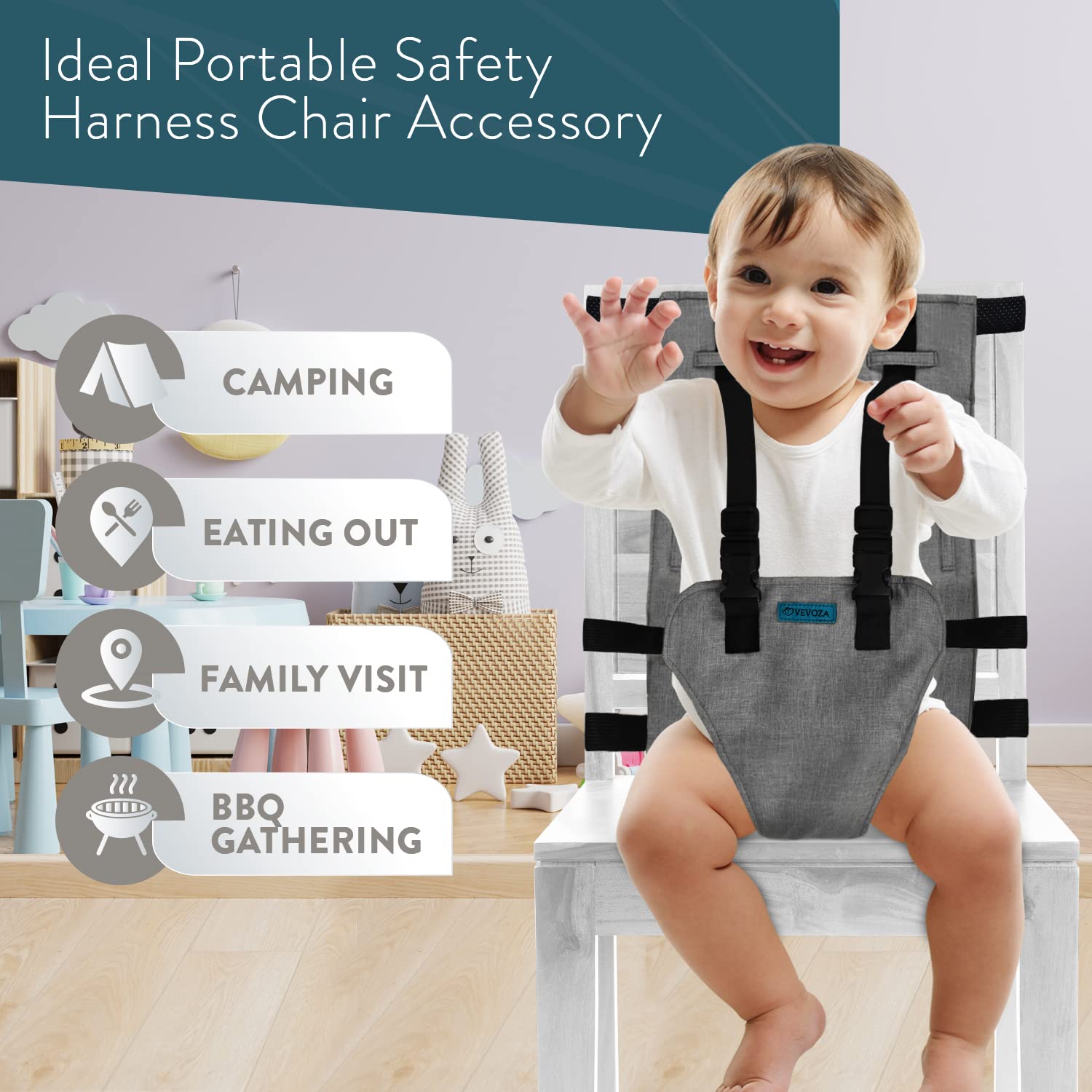Vevoza Compact Travel High Chair setup on a chair showing quick attachment.