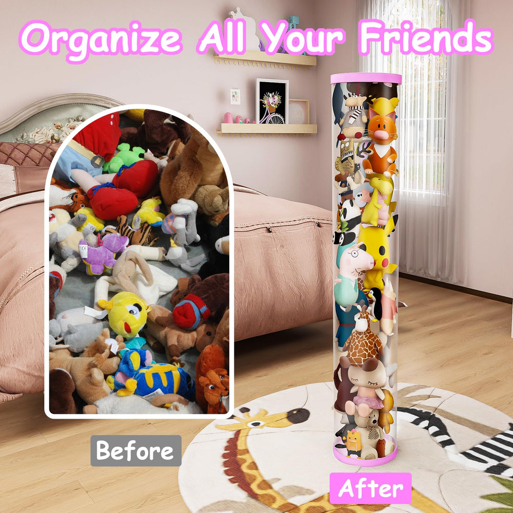 VG1M stuffed animal storage tube in a bedroom shows space-saving vertical storage option